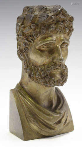 A 19th century gilt patinated cast bronze bust of a classical bearded male wearing a laurel