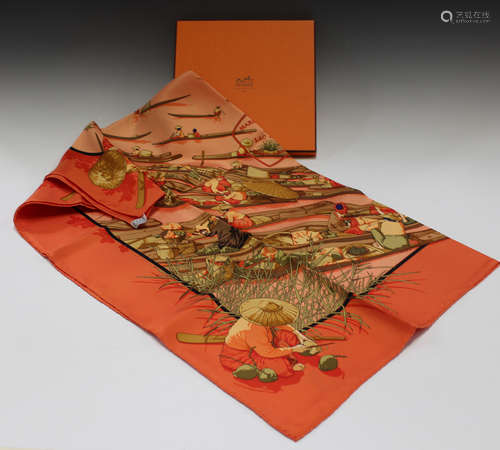 An Hermès 'Marche Flottant du Lac Inlé' pattern printed silk scarf, bearing signature 'Dimitri R',