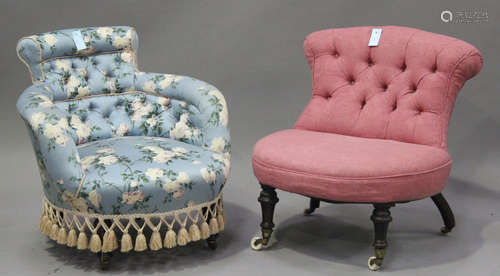 An Edwardian nursing chair, upholstered in pink damask, on fluted legs, height 70cm, width 67cm,