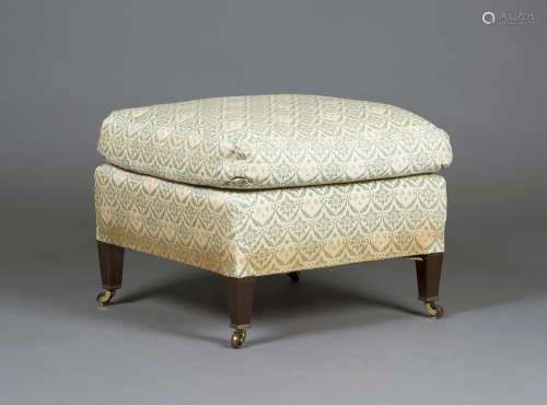 A mid-20th century Howard & Sons Ltd square footstool, upholstered in 'H & S' mongrammed ticking,