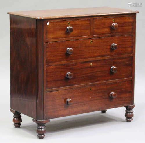 A Victorian mahogany chest of two short and three long drawers, on turned feet, height 113cm,