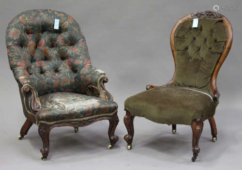 A Victorian mahogany salon armchair with carved decoration, on cabriole legs, height 88cm, width
