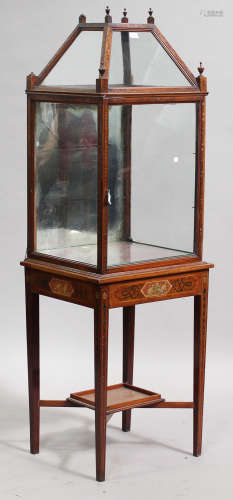 An Edwardian Neoclassical Revival satinwood display cabinet with painted decoration, the domed top