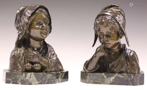 Joseph D'Aste - a pair of early 20th century French brown patinated cast bronze head and shoulders