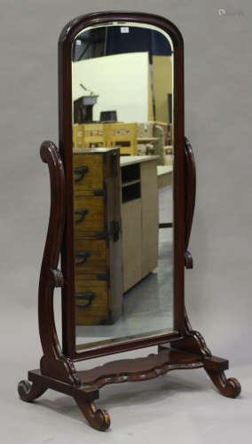 A late 20th century Victorian style mahogany framed cheval mirror, height 165cm, width 76cm.Buyer’