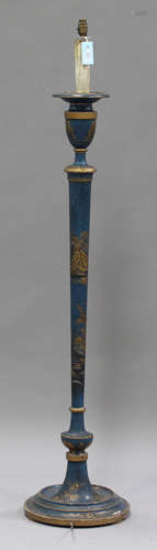 An early 20th century blue and gilt chinoiserie decorated lamp standard, height 158cm.Buyer’s