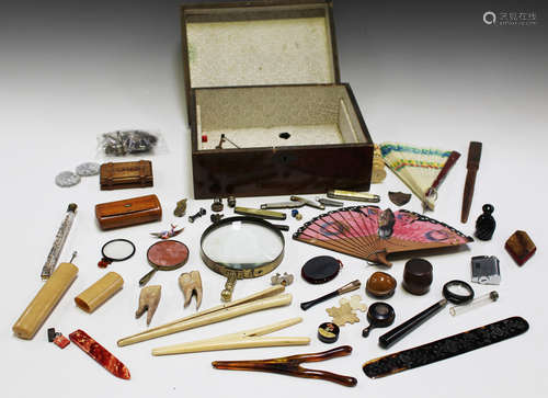 A mixed group of collectors' items, including a burr maple snuff box, a brass framed magnifying lens