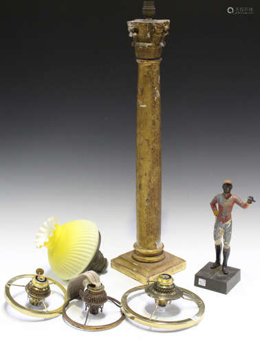 A late 19th/early 20th century giltwood table lamp base with Corinthian capital, height 62cm,