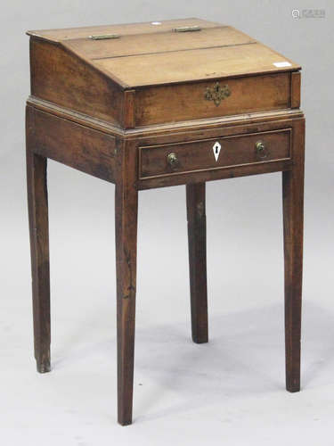 A small 18th century fruitwood estate table, the hinged sloping lid enclosing two drawers, the