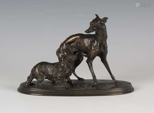 Pierre-Jules Mêne - Levrier et King's Charles à l'éventail, a late 19th century French brown