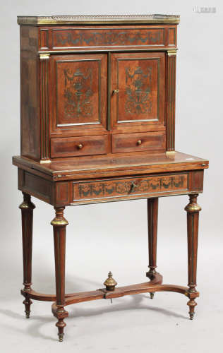 A late 19th/early 20th century French kingwood and brass inlaid bonheur-du-jour with overall gilt