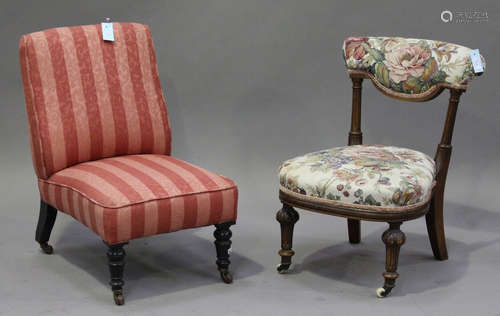 A Victorian walnut upholstered bar back nursing chair, width 50cm, and another nursing chair,