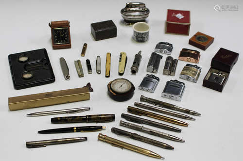 A mixed group of collectors' items, including various lighters, penknives, fountain pens and a