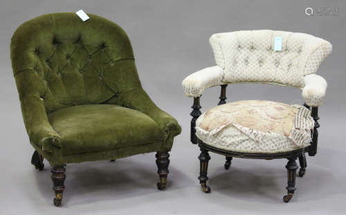 A Victorian nursing chair, upholstered in green velour, on turned legs, the castors stamped '