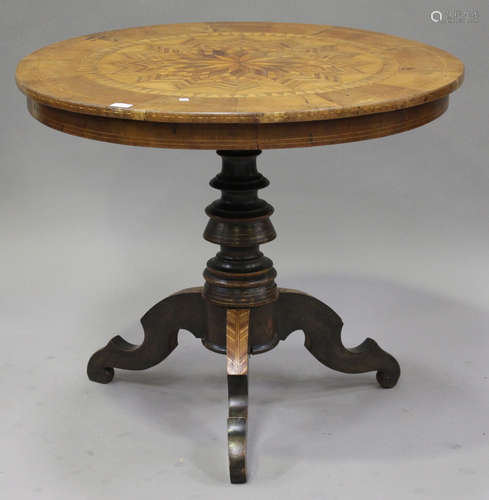 A late 19th century Italian parquetry walnut circular centre table, on a turned column and tripod