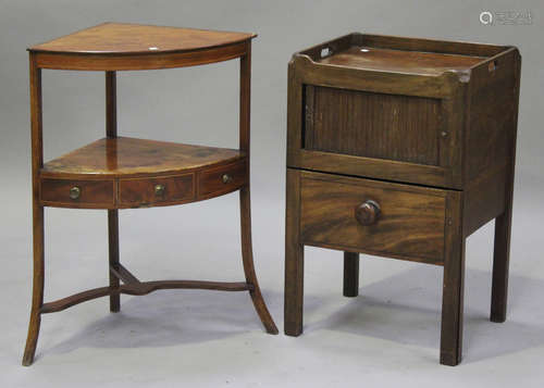 A George III mahogany night table, the galleried top with pierced handles, the tambour front above a