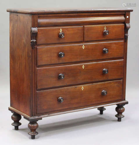 A late Victorian mahogany chest of two short and three long drawers, on turned legs, height 140cm,