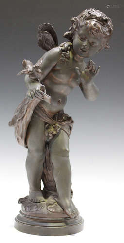 Auguste Moreau - a late 19th century French brown patinated cast bronze figure of a fairy holding an