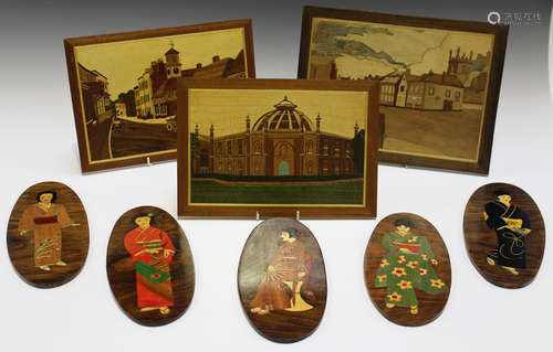 A group of nineteen marquetry inlaid panels by James Terry, circa 1970s, some depicting views of