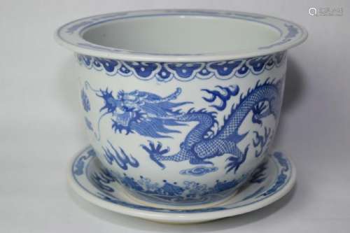 Chinese Blue and White Dragons Flower Pot and Plat