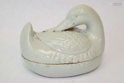 19th C. Chinese Pea Glaze Relief Carved Duck Box