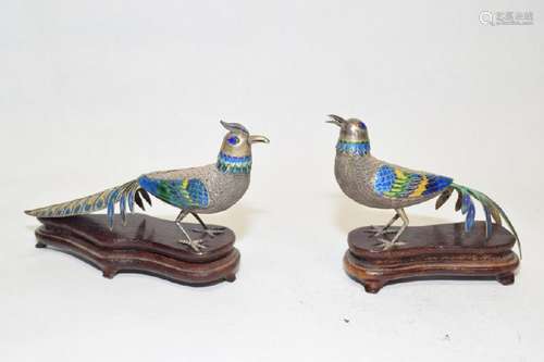 Pair of 20th C. Chinese Enamel over Silver Pheasan