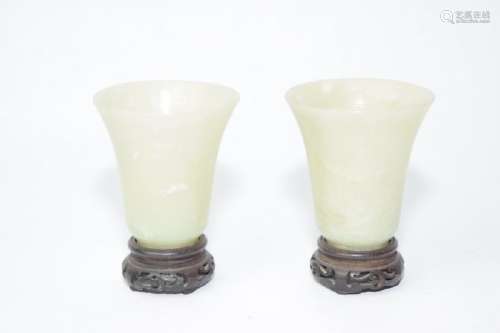 Pair of 19-20th C. Chinese White Jade Carved Cups
