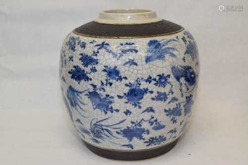 19th C. Chinese Faux Ge Glaze B&W Jar