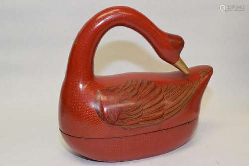 Chinese Painted Red Lacquer Swan