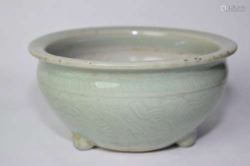 Ming Chinese Footed Longquan Relief Carved Censer