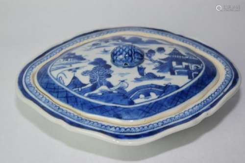 19th C. Chinese B&W Landscape Covered Bowl