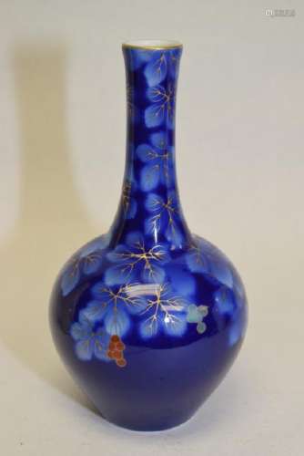 20th C. Japanese Gold Painted Blue Glaze Vase, Sig