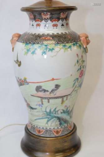 19-20th C. Chinese Famille Rose Lion Ears Vase Lam