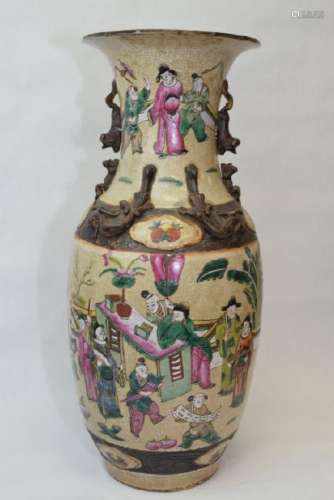 19th C. Chinese Faux Ge Glaze Wucai Figure Vase