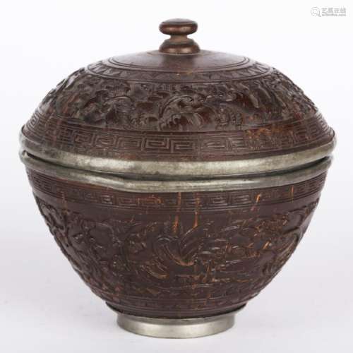 CHINESE PEWTER AND HARDWOOD COVER BOWL