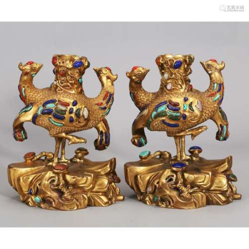 CHINESE PAIR OF GILT BRONZE PHOENIX CANDLE STANDS