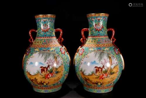 Pair Of Famille Rose Porcelain Vase With Mark