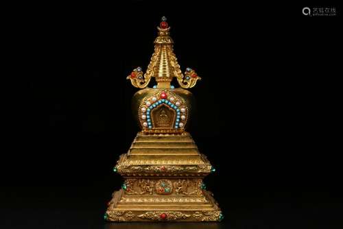 Tibetan Gilt Bronze Stupa With Mark