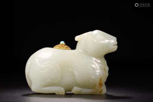 Carved Jade Lamb With Gilt And Stone Cover