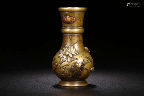 Gilt Bronze With Silver Inlay Chrysanthemum Vase