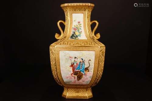 Yellow Ground Famille Rose Porcelain Vase With Mark