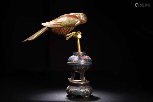 Bronze Enamel and Cloisonne Bird On Perch