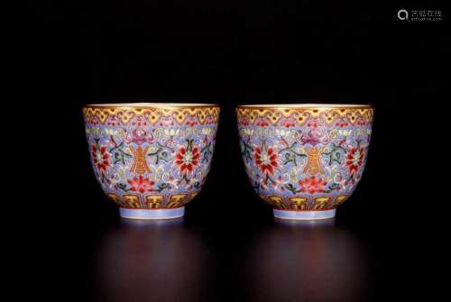 Pair Of Famille Rose Porcelain Tea Cups With Mark