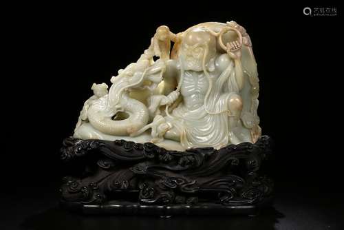 Carved Jade Lohan With Boy And Dragon