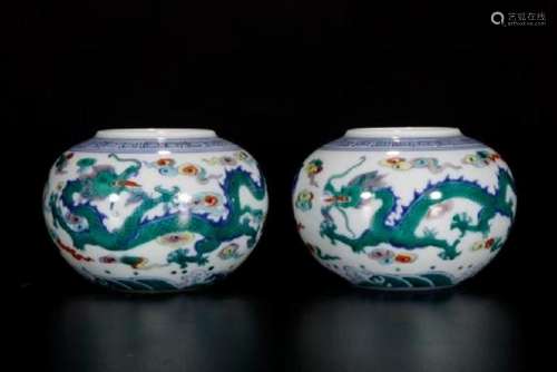 Pair Of Porcelain Dragon Water Pots With Mark