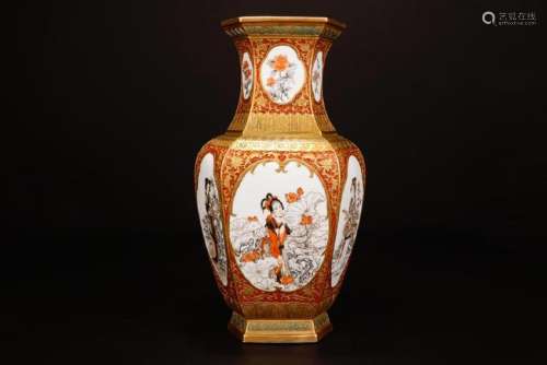 Hexagonal Gilt Porcelain Vase With Mark