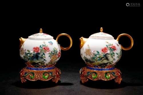 Pair Of Porcelain Gilt Famille Rose Tea Pots With Mark