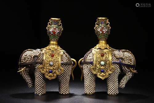 Pair Of Gilt Bronze Pearl Caparisoned Elephants