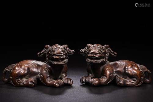 Pair Of Carved Agar Wood Guardian Lions