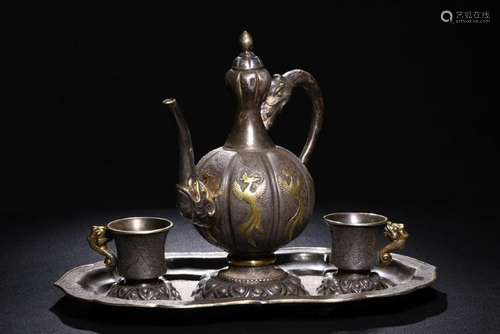 Silver And Gilt Dragon And Phoenix Tea Set